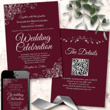 Silver Frills on Burgundy Elegant QR Code Wedding