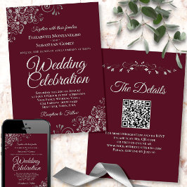 Silver Frills on Burgundy Elegant QR Code Wedding Einladung