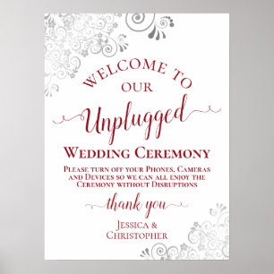 Silver Frills Red Text Unplugged Wedding Zeremonie Poster