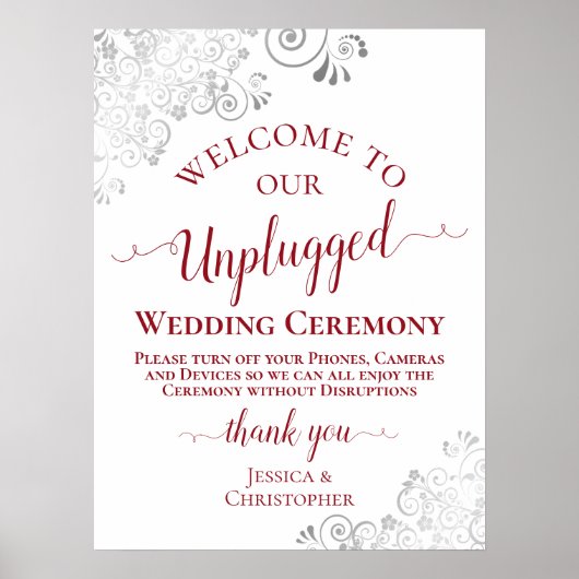 Silver Frills Red Text Unplugged Wedding Zeremonie Poster (Vorne)