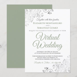 Silver Frills Sage Green & White Virtual Wedding Einladung