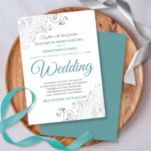 Silver Frills Simple Chic Aquamarin und Gray Weddi Einladung