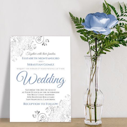 Silver Frills Simple Chic Blue und Gray Wedding Einladung