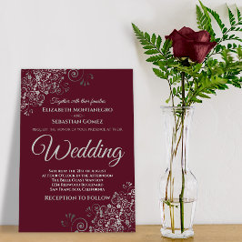 Silver Frills Simple Chic Burgundy Wedding Einladung