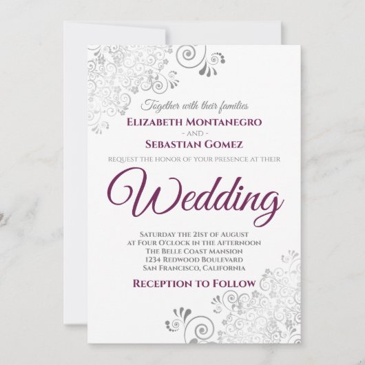 Silver Frills Simple Chic Cassis & Gray Wedding Einladung (Vorderseite)