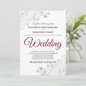 Silver Frills Simple Chic Cassis & Gray Wedding Einladung (Stehend Vorderseite)