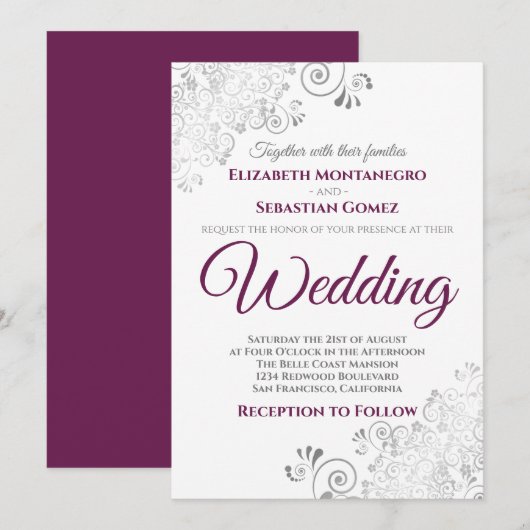 Silver Frills Simple Chic Cassis & Gray Wedding Einladung (Vorne/Hinten)