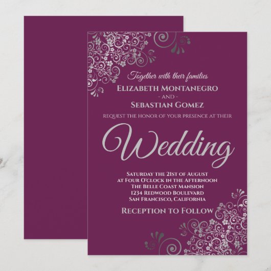 Silver Frills Simple Chic Cassis Lila Wedding Einladung (Vorne/Hinten)