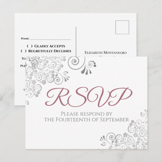 Silver Frills Simple Chic Dusty Rose Wedding RSVP Postkarte (Vorne/Hinten)
