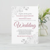 Silver Frills Simple Chic Dusty Rose White Wedding Einladung (Stehend Vorderseite)