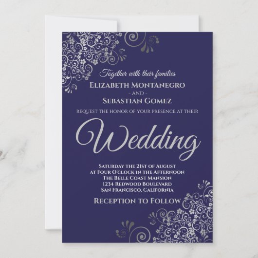 Silver Frills Simple Chic Navy Blue Wedding Einladung (Vorderseite)