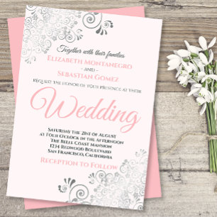 Silver Frills Simple Chic Pink und Gray Wedding Einladung