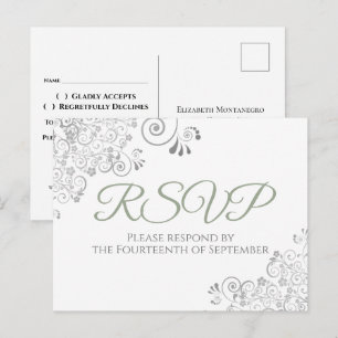 Silver Frills Simple Chic Sage Green Wedding RSVP Postkarte