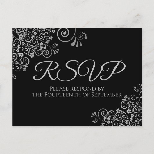 Silver Frills Simple Elegant Black Wedding RSVP Postkarte (Vorderseite)