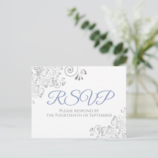 Silver Frills Simple Elegant Blue Wedding RSVP Postkarte (Stehend Vorderseite)