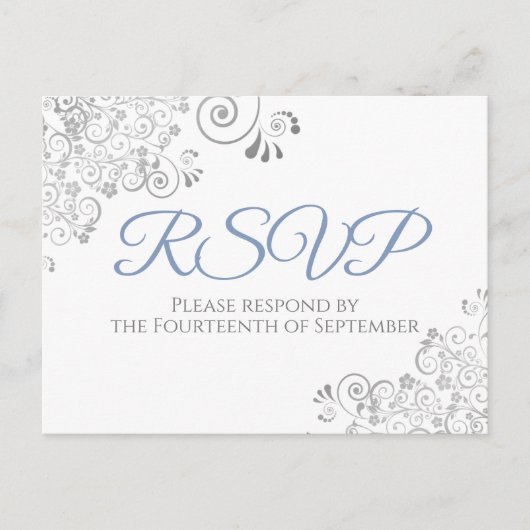 Silver Frills Simple Elegant Blue Wedding RSVP Postkarte (Vorderseite)