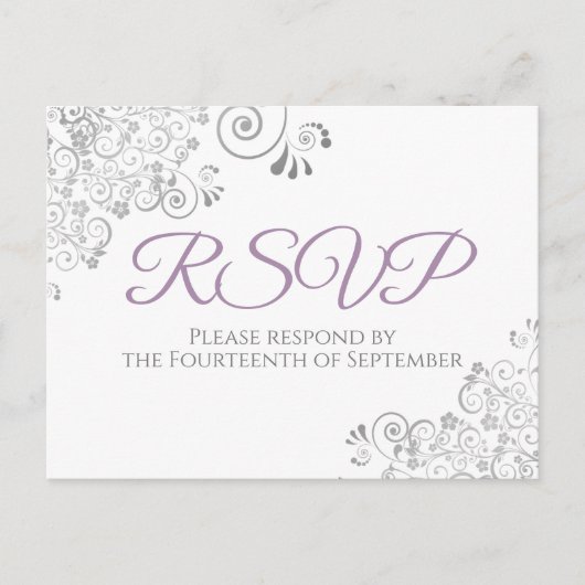 Silver Frills Simple Elegant Lila Wedding RSVP Postkarte (Vorderseite)