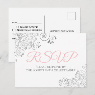 Silver Frills Simple Elegant Pink Wedding RSVP Postkarte