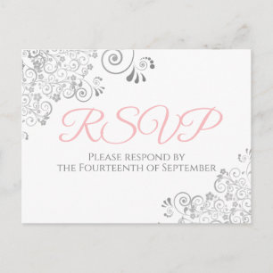 Silver Frills Simple Elegant Pink Wedding RSVP Postkarte