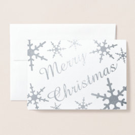 Silver Frohe Weihnachts-Script Snowflakes Folienkarte