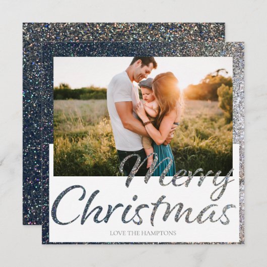 Silver Full Glitzer Square Foto Weihnachtskarte (Vorne/Hinten)