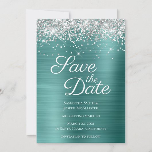 Silver Funkelnd Glitzer Aqua Aquamarin Ombre Foil Save The Date (Vorderseite)