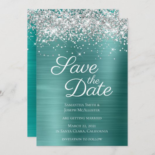 Silver Funkelnd Glitzer Aqua Aquamarin Ombre Foil Save The Date (Vorne/Hinten)