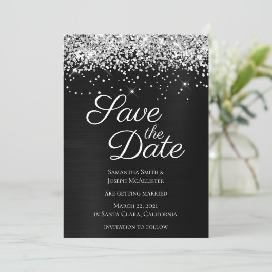 Silver Funkelnd Glitzer Black Ombre Foil Save The Date (Stehend Vorderseite)
