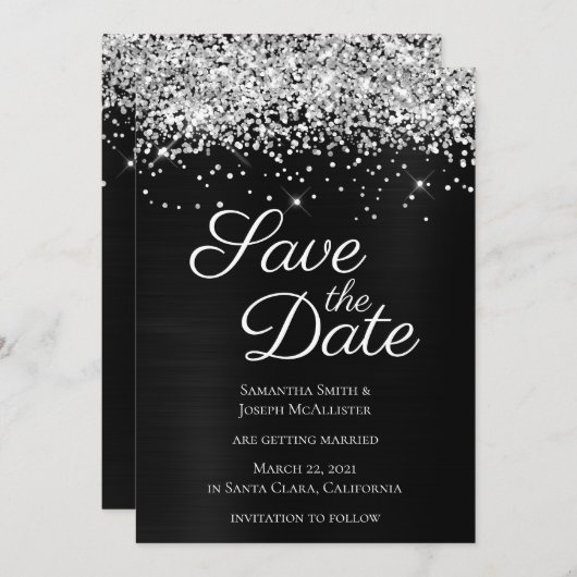 Silver Funkelnd Glitzer Black Ombre Foil Save The Date (Vorne/Hinten)