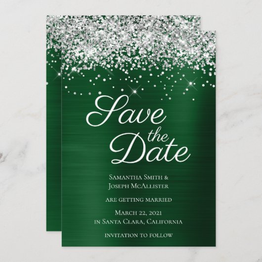 Silver Funkelnd Glitzer Dunkle grüne Ombre Foil Save The Date (Vorne/Hinten)