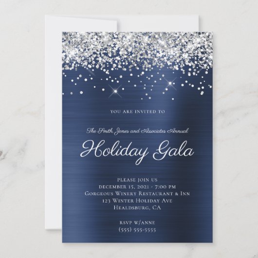 Silver Funkelnd Glitzer Navy Blue Foil Holiday Einladung (Vorderseite)