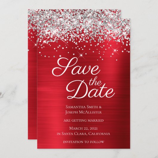 Silver Funkelnd Glitzer Red Ombre Foil Save The Date (Vorne/Hinten)