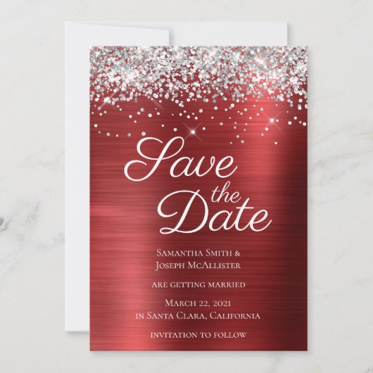 Silver Funkelnd Glitzer Ruby Red Ombre Foil Save The Date (Vorderseite)