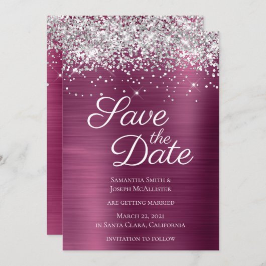 Silver Funkelnd Glitzer Wine Ombre Fossilien Save The Date (Vorne/Hinten)