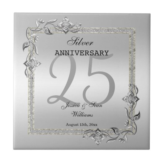 Silver Gem & Glitzer 25. Hochzeitstag Fliese (Vorderseite)
