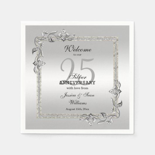 Silver Gem & Glitzer 25. Hochzeitstag Serviette (Vorderseite)