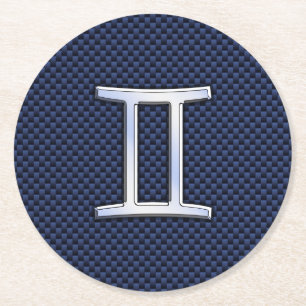 Silver Gemini Zodiac Sign Blue Carbon Fibre Print Runder Pappuntersetzer