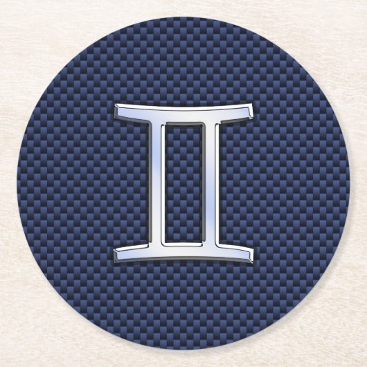 Silver Gemini Zodiac Sign Blue Carbon Fibre Print Runder Pappuntersetzer (Vorderseite)