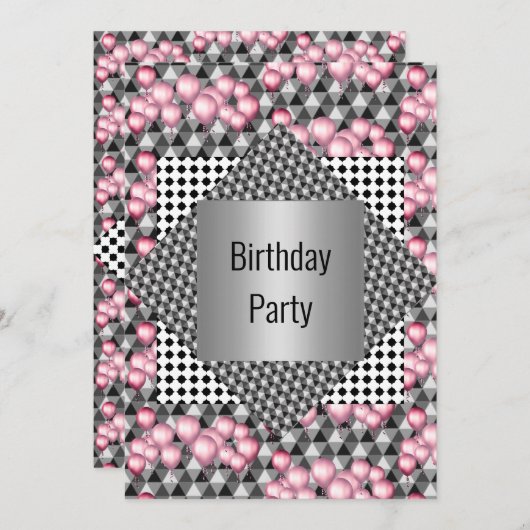 Silver Gemustert Pink Ballon All Occassion PARTY Einladung (Vorne/Hinten)