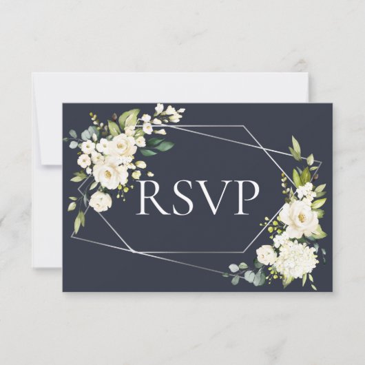 Silver Geometric Blue White Floral No Menu UAWG RSVP Karte (Vorderseite)