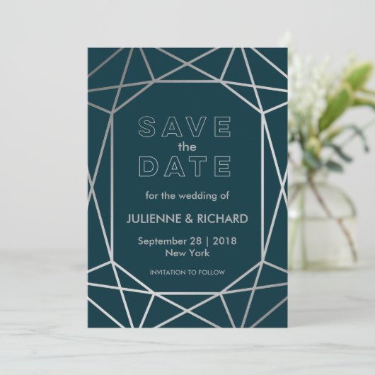 Silver Geometric Diamond Wedding Save the Date (Stehend Vorderseite)