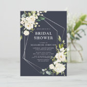 Silver Geometric Navy Blauer Blütendusche Einladung (Stehend Vorderseite)