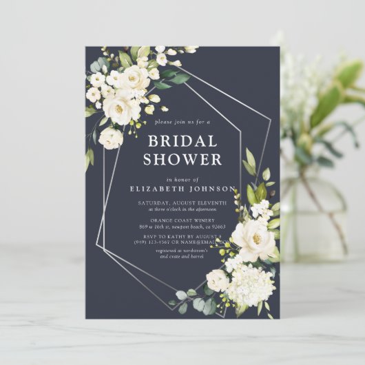 Silver Geometric Navy Blauer Blütendusche Einladung (Stehend Vorderseite)