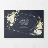 Silver Geometric Navy White Floral Wedding Dreifach Gefaltete Einladung (Cover)