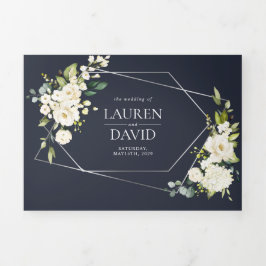 Silver Geometric Navy White Floral Wedding Dreifach Gefaltete Einladung