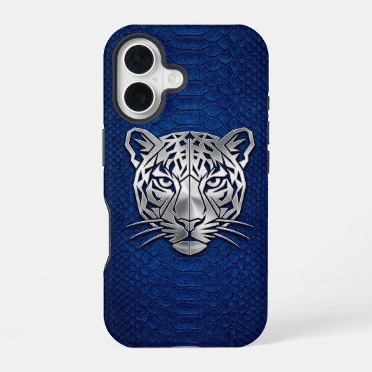 Silver Geometric Tiger Blue Snakeskin iPhone 16 Hülle (Rückseite)