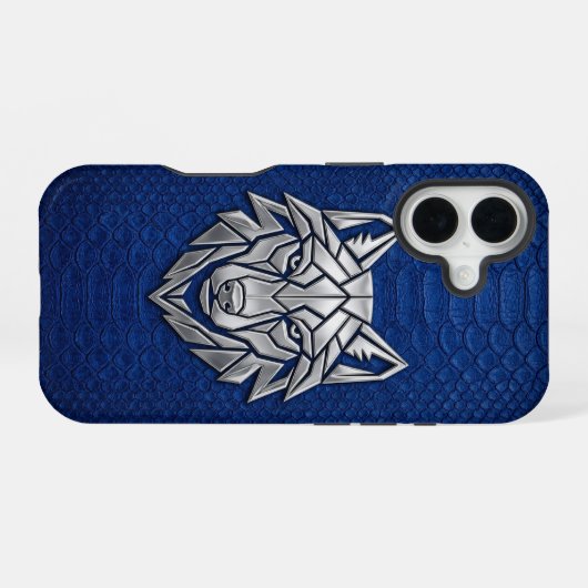 Silver Geometric Wolf Blue Snakeskin iPhone 16 Hülle (Rückseite (Horizontal))