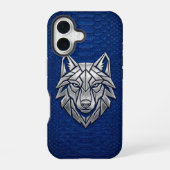 Silver Geometric Wolf Blue Snakeskin iPhone 16 Hülle (Rückseite)