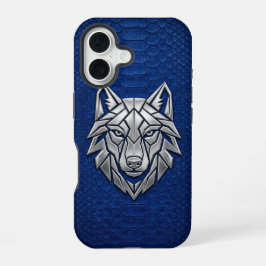 Silver Geometric Wolf Blue Snakeskin iPhone 16 Hülle