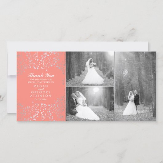 Silver Gipskraut Coral Wedding Foto Vielen Dank Dankeskarte (Vorderseite)